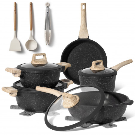 Комплект тенджери и тигани Just Perfecto JL-889, 14 ч, Отливка, Мраморно покритие, Индукция, Аксесоари, Черен