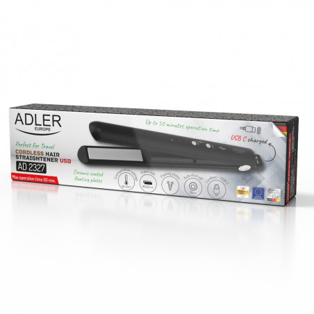 Преса за коса Adler AD 2327, 70W, Плаващи плочи, Керамика, Автономия 50 мин, 3 нива до 200C, Черен