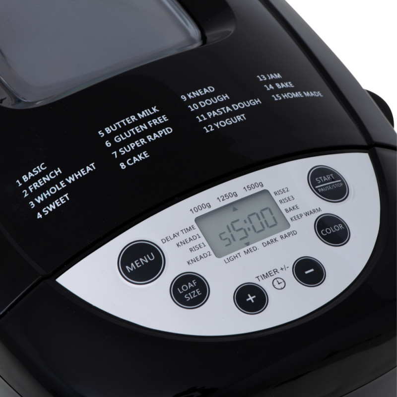 Хлебопекарна Mesko MS 6022, 1/1.5 кг, 850 W, 15 програми, LCD Дисплей, Двойна бъркалка, Подвижна кошница, Черен