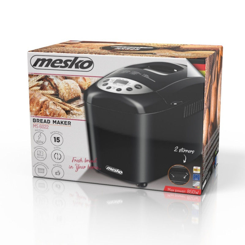 Хлебопекарна Mesko MS 6022, 1/1.5 кг, 850 W, 15 програми, LCD Дисплей, Двойна бъркалка, Подвижна кошница, Черен