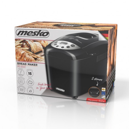 Хлебопекарна Mesko MS 6022, 1/1.5 кг, 850 W, 15 програми, LCD Дисплей, Двойна бъркалка, Подвижна кошница, Черен