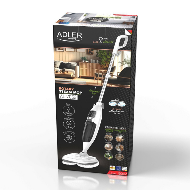 Моп за чистене с пара Adler AD 7052, 1300 W, 3 настройки, 0.550 л, 2 въртящи се глави, 2 режима на работа, Бързо загряване, Бял