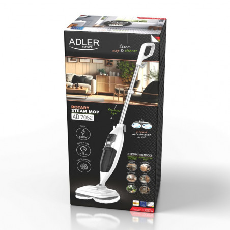 Моп за чистене с пара Adler AD 7052, 1300 W, 3 настройки, 0.550 л, 2 въртящи се глави, 2 режима на работа, Бързо загряване, Бял