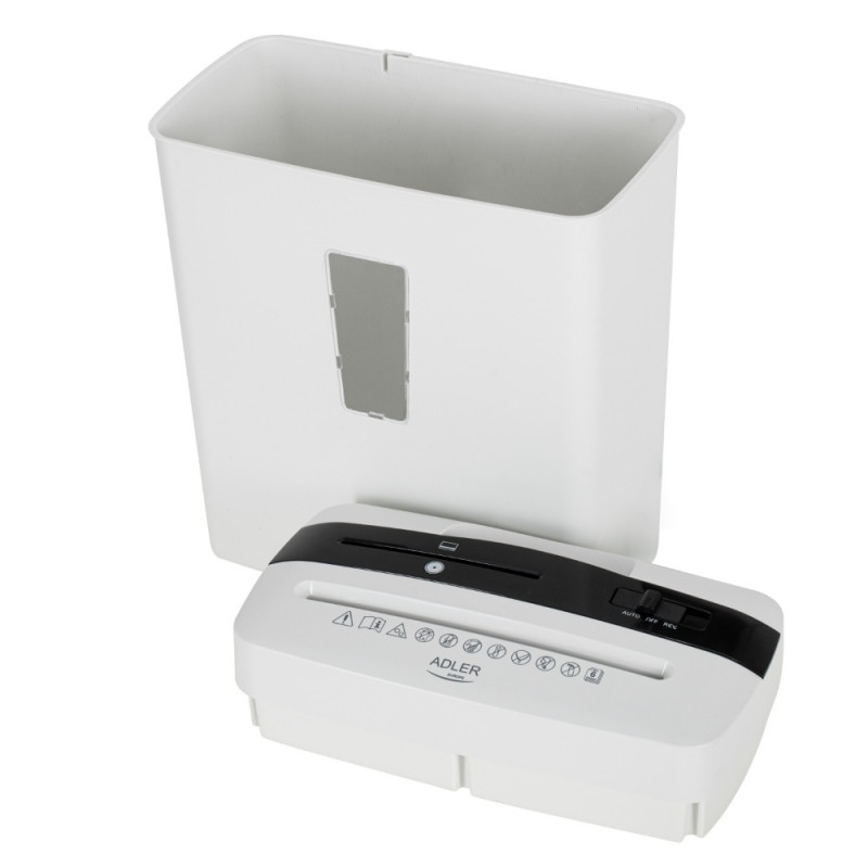 Шредер за документи Adler AD 1037, 200 W, 13 л, До 22 см, 6 листа наведнъж, Слот за CD/DVD и кредитни карти, Автоматичен старт/стоп, Функция обратен ход, 69 dB, Бял