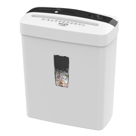 Шредер за документи Adler AD 1037, 200 W, 13 л, До 22 см, 6 листа наведнъж, Слот за CD/DVD и кредитни карти, Автоматичен старт/стоп, Функция обратен ход, 69 dB, Бял