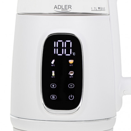 Електрическа кана Adler AD 1305, 1850/2200 W, 1.7 л, Сензорен контрол, Цветен LCD дисплей, Пет температурни настройки 40-100°C, Филтър против утаяване, Бял/златист