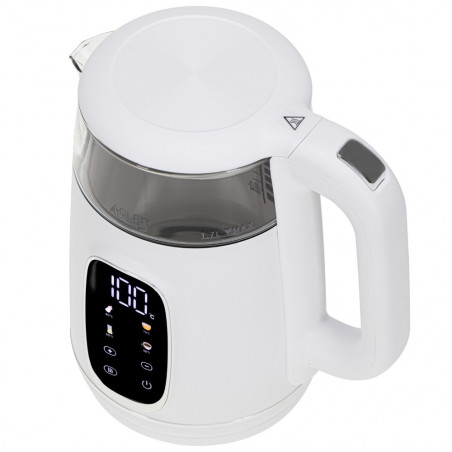 Електрическа кана Adler AD 1305, 1850/2200 W, 1.7 л, Сензорен контрол, Цветен LCD дисплей, Пет температурни настройки 40-100°C, Филтър против утаяване, Бял/златист
