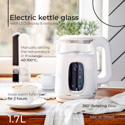Електрическа кана Adler AD 1305, 1850/2200 W, 1.7 л, Сензорен контрол, Цветен LCD дисплей, Пет температурни настройки 40-100°C, Филтър против утаяване, Бял/златист