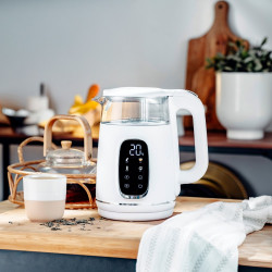 Електрическа кана Adler AD 1305, 1850/2200 W, 1.7 л, Сензорен контрол, Цветен LCD дисплей, Пет температурни настройки 40-100°C, Филтър против утаяване, Бял/златист