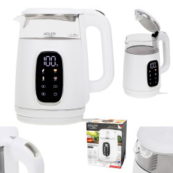 Електрическа кана Adler AD 1305, 1850/2200 W, 1.7 л, Сензорен контрол, Цветен LCD дисплей, Пет температурни настройки 40-100°C, Филтър против утаяване, Бял/златист
