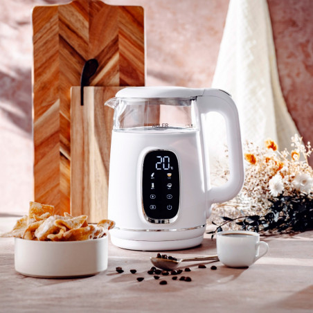 Електрическа кана Adler AD 1305, 1850/2200 W, 1.7 л, Сензорен контрол, Цветен LCD дисплей, Пет температурни настройки 40-100°C, Филтър против утаяване, Бял/златист
