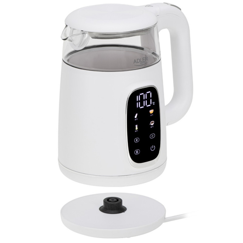 Електрическа кана Adler AD 1305, 1850/2200 W, 1.7 л, Сензорен контрол, Цветен LCD дисплей, Пет температурни настройки 40-100°C, Филтър против утаяване, Бял/златист