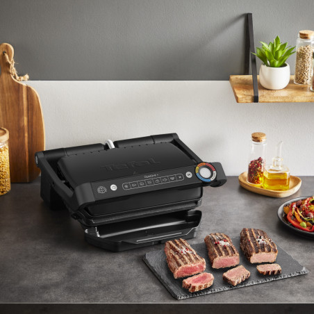 Електрическа скара Tefal OptiGrill+ GC717810, 2000W, 6 програми, Тефлоново незалепващо покритие, Touch screen, Интелигентен грил, Max 240C, Черен
