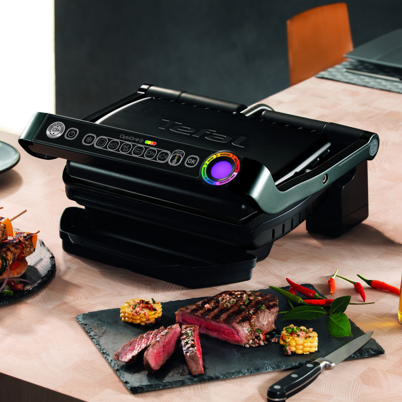 Електрическа скара Tefal OptiGrill+ Snacking&Baking GC714834, 2000W, 6 програми, Функция замразени храни, Незалепващо тефлоново покритие, Аксесоар за закуски и печене, Max 240C, Черен