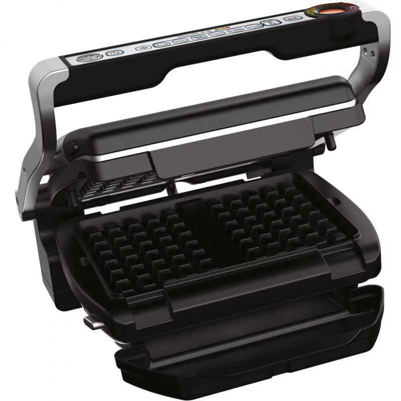 Електрическа скара Tefal OptiGrill+ Waffles GC716D12, 2000W, 6 програми, Тефлоново незалепващо покритие, Плочи за гофрети, Температурен контрол, Max 275C, Инокс
