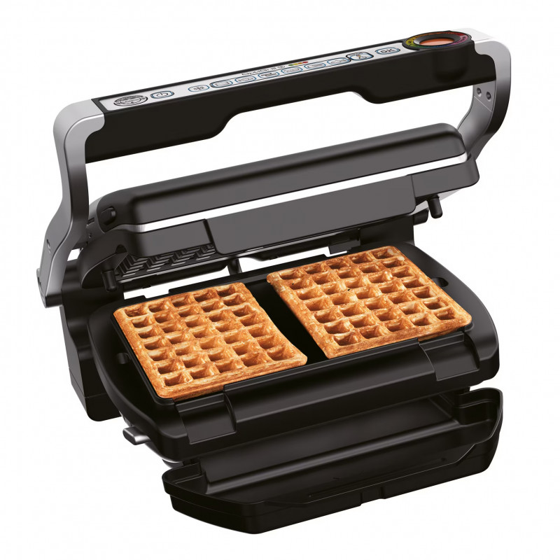 Електрическа скара Tefal OptiGrill+ Waffles GC716D12, 2000W, 6 програми, Тефлоново незалепващо покритие, Плочи за гофрети, Температурен контрол, Max 275C, Инокс