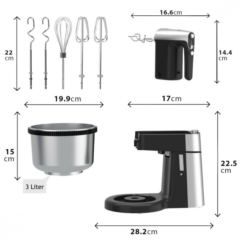 Миксер с купа Royalty Line RL-HM19015, 700W, 6 бъркалки, 3 л, Турбо, 5 скорости, Черен/инокс
