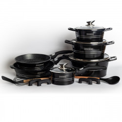 Комплект тенджери и тигани Royalty Line RL-ES2014M Shiny Black, 14 части, Мраморно покритие, Индукция, Черен
