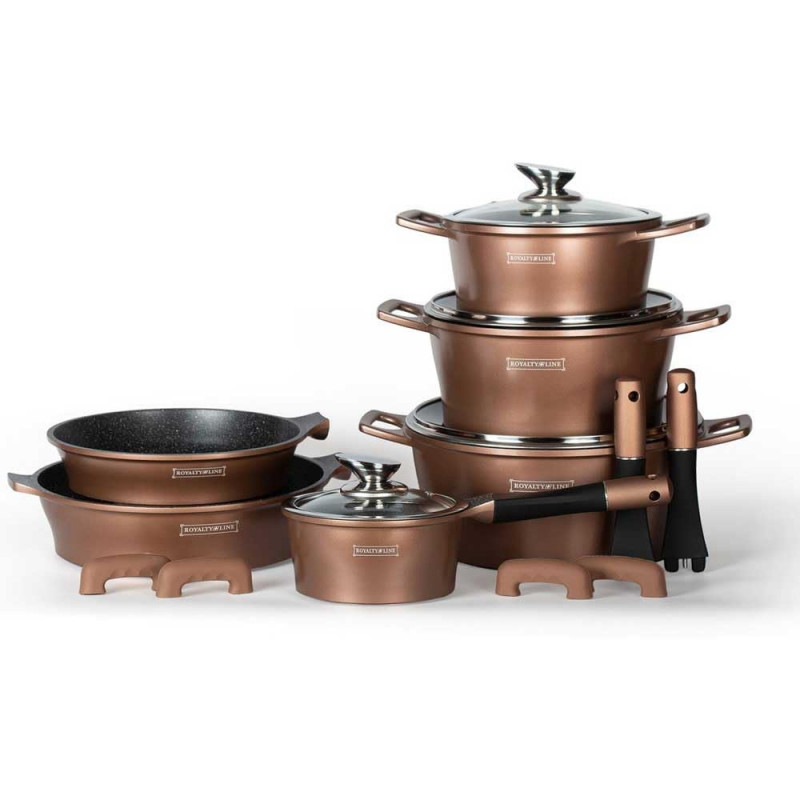 Комплект тенджери и тигани Royalty Line RL-ES1014M Copper, Лят алуминий, 14 части, Мраморно покритие, Меден