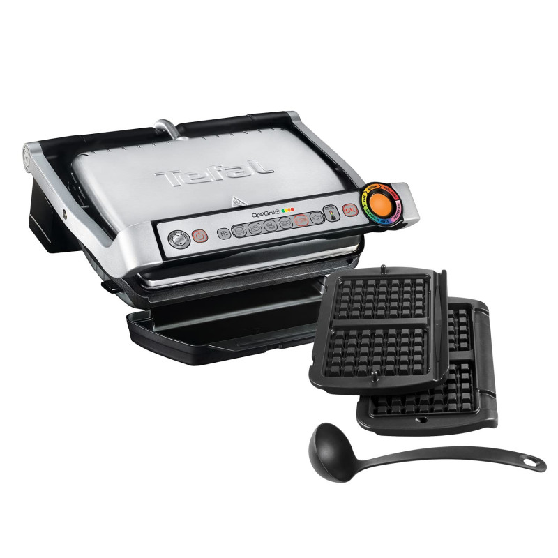 Електрическа скара Tefal OptiGrill+ Waffles GC716D12, 2000W, 6 програми, Тефлоново незалепващо покритие, Плочи за гофрети, Температурен контрол, Max 275C, Инокс