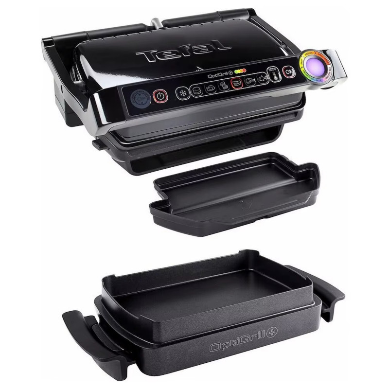 Електрическа скара Tefal OptiGrill+ Snacking&Baking GC714834, 2000W, 6 програми, Функция замразени храни, Незалепващо тефлоново покритие, Аксесоар за закуски и печене, Max 240C, Черен