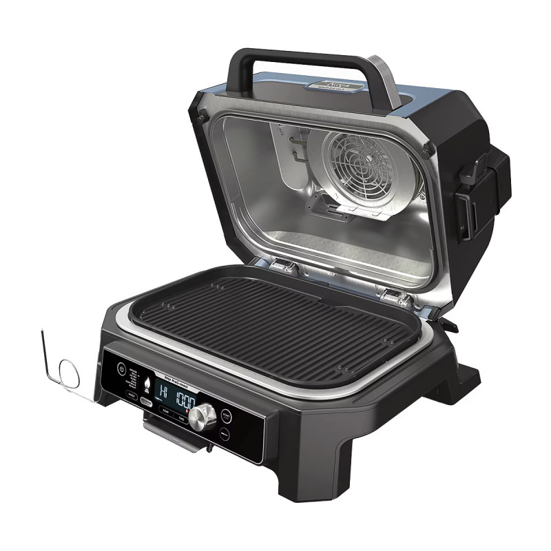 Електрически грил Ninja OG901EU, SMART, 1700W, 7 програми, 45х29 см, 260C, Керамична плоча, Woodfire технология, IPX4, Черен/син